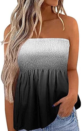 Qianderer Womens Strapless Bandeau Tank Tops Tube Tops Floral Tanks Smocked Ruffled Backless Pleated Summer Casual Sleeveless Vest Tops (Ba Black Gradient, XL)