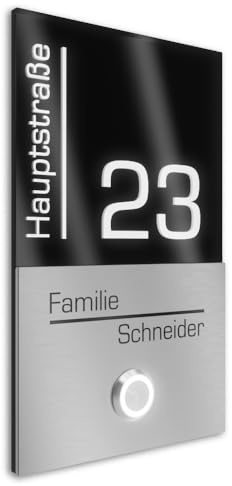 Graviers Design V2A Edelstahl Türklingel mit Straße Hausnummer Namen Gravur - Klingelschild 110x180mm LED-Taster Klingelplatte modernes Design aus Edelstahl Acryl Schwarz