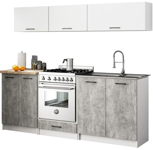 BDW - Köksenhet utan vitvaror - Minikök 200 cm brett - Kök komplett: Köksunderskåp & köksöverskåp - 200x74x46 cm - Köksskåp vit/betong