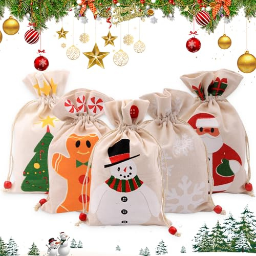 5 Stück Weihnachtssack, Jute-Sack,Nikolausbeutel, Weihnachten Geschenkbeutel,Jute-Beutel personalisiert & Bedruckt, Geschenkverpackung zum befüllen Baumwolle Säckchen für Süßigkeits,15x23cm