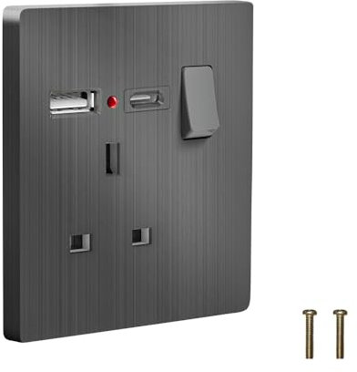 EINNO Wall Electrical Outlets with Power Indicator, 13 Amp, Brushed Grey - Single Socket with USB C and USB A
