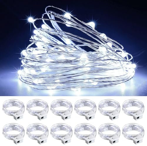 chzk 12 Pack White Fairy Lights Battery Operated, 7ft 20 LED Mini String Twinkle Lights for Christmas Halloween Mason Jars Centerpiece Table Decorations (12, White)