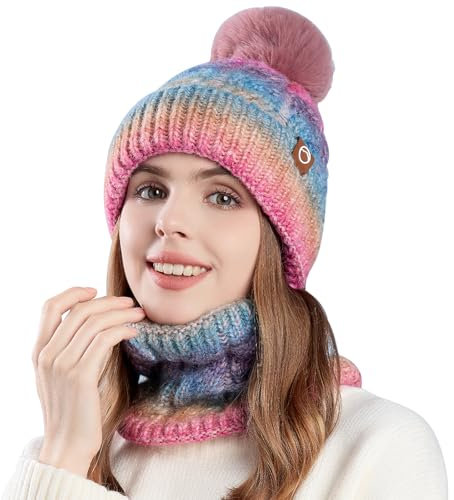 WANYIG Mütze Damen Winter Beanie Schal Set Warm Wintermütze Strickmütze mit Schal Herbst Mütze und Schal set mit bommel/Weichem Fleece Innenfutter(Farbverlauf Violett)