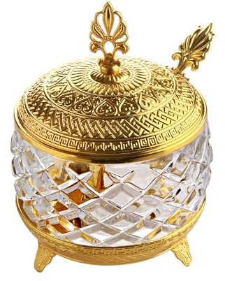Alisveristime Kelebek Bonbonschale aus Glas mit Zamakdeckel und Löffel (Gold)