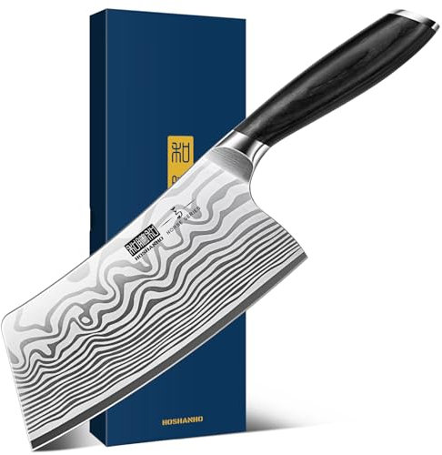 HOSHANHO Cleaver Knife 7 Inch, Razor Sharp High Carbon Powder Steel Meat Cleaver, Professional Japanese Butcher Chopper Kitchen Knife for Meat Cutting Vegetable Slicing