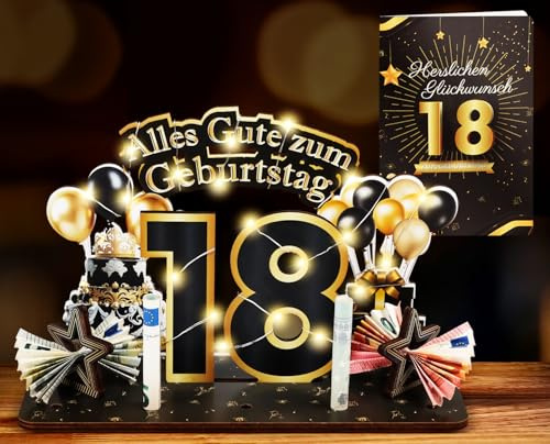 TUZELIYA Upgrade 18. Geburtstag Geldgeschenke mit LED Lichterkette und Geburtstagskarte, 18 Geburtstag Mädchen Junge Farbdruck Geschenke aus Holz, 18 Geburtstagsgeschenk Deko
