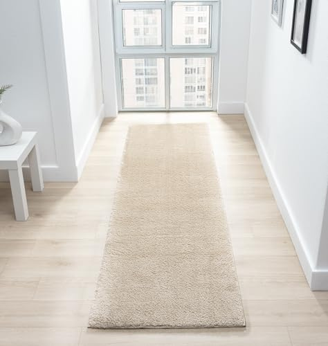 Tapis de Salon Moderne et Confortable en Polyester à Poils Courts - Revers antidérapant - Super Doux - pour Chambre à Coucher, Couloir, Beige Clair - 60 x 200 cm