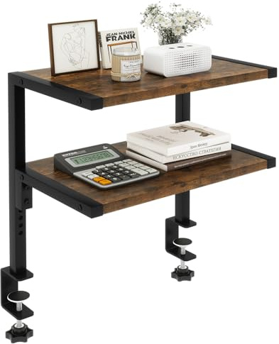 IBUYKE Mensola portaoggetti da scrivania con morsetto, 32,8 cm, ripiani regolabili sopra o sotto la scrivania, 2 ripiani per accessori da scrivania, marrone rustico, TMZ007H