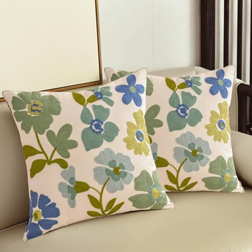 Traziewell Embroidered Cushion Covers 18x18 Inch Set of 2 Floral Decorative Throw Pillow Cover Printed Pillowcases for Sofa Couch Bedroom Indoor Home Decor T221