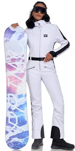 Traje de esquí de una pieza para mujer, mono de esquí para invierno, cálido, traje de nieve, impermeable, resistente al viento, ropa de esquí, mono de nieve, mono con capucha, White01 S