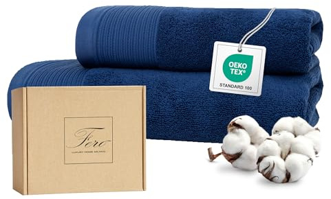 Ferò Set Asciugamani Bagno di Lusso 2 Pezzi, OEKO-TEX 100% Cotone Premium 550 g/m², Ultra Morbido e Assorbente, Design Italiano, Coppia Asciugamani Viso e Bidet, Asciugamano 50x100, 50x30 cm, Blu Navy