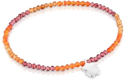 TOUS Pulsera Elástica para Mujer con Bolas Redondas Facetadas de Gemas y Motivo Oso de Plata de Primera Ley, 17cm de Largo, Colección Motivos