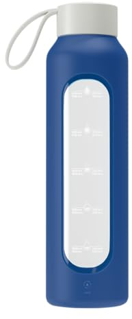 Wessper Borraccia in Vetro con Manicotto in Silicone, Bottiglia d'acqua con Indicatori di Tempo, in vetro Borosilicato Trasparente, per Monitorare l'assunzione Giornaliera di Acqua 0.5L, Blu Navy