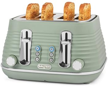 Salter Ripple 4-Slice Toaster – Defrost, Reheat, Cancel, Wide Toasting Slots, Bagels/Crumpets, 6 Browning Levels, Removable Crumb Tray, High-Lift, Self-Centring, Textured Ripple Design, 1630W, Sage