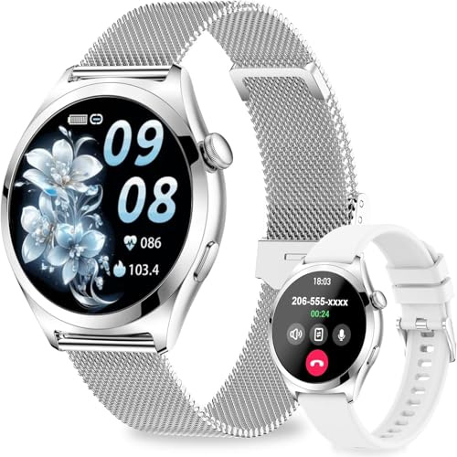 Fitonme Smartwatch Damen, 1.27 Smart Watch Rund mit Telefonfunktion, Fitnessuhr mit Pulsuhr Schlafmonitor SpO2, 120+ Sportmodi Schrittzähler, IP68 Wasserdicht Fitness Tracker für iOS Android, Silber