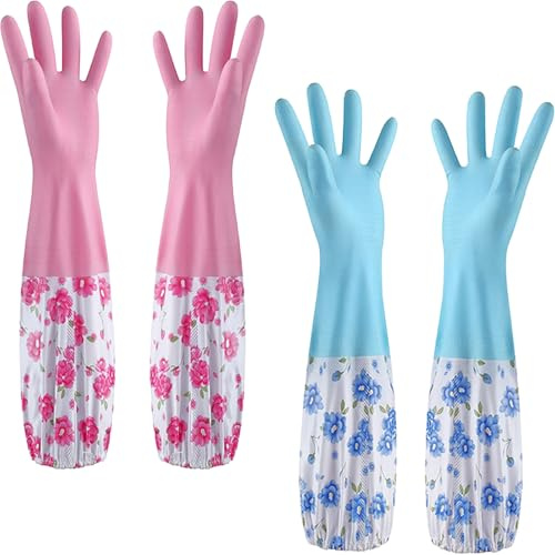 ZenyTra Blumen Design Haushaltshandschuhe 2er Set | Extra Lange Spülhandschuhe Mit Flauschfutter & Blumendruck | Wasserdicht & Wärmegedämmt Für Gartenarbeit & Reinigung (Rosa + Blau)
