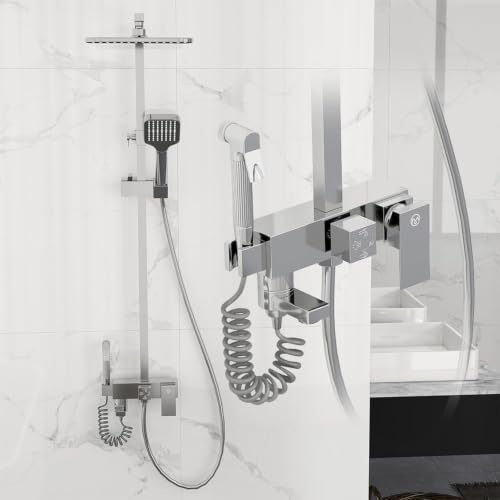 Conjunto de Ducha Cromado con Cabezal Cuadrado Efecto Lluvia y Ducha de Mano, Barra Cuadrada de Altura Ajustable para Bañera o Sistema de Ducha