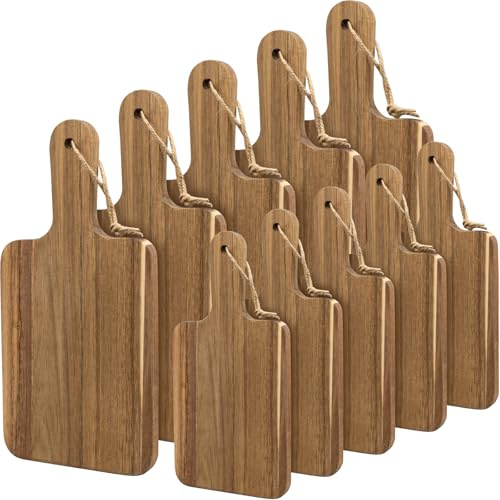 10 Pack Acacia Wood Chopping Boards, 5 Large and 5 Small with Handles | Large 40.5 x 17 cm, Small 30 x 15 cm, 1.5 cm Thick, Rope Loops, Wooden Serving Boards for Cheese, Bread and Kitchen Prep