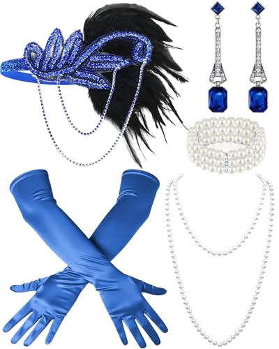 ETOFETE 5 Stück 20er Jahre Accessoires Damen, mit Feder Kopfschmuck Stirnband, Ohrringe, Handschuhe, Perlenkette und Armband, 1920 Charleston Kostüm Zubehör für Karneval