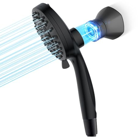 Soffione doccia grande con tubo & supporto magnetico – Doccia a pioggia con filtro, soffione doccia con 10 tipi di getto, alta pressione, risparmio d'acqua, anticalcare e funzione massaggiante, nero