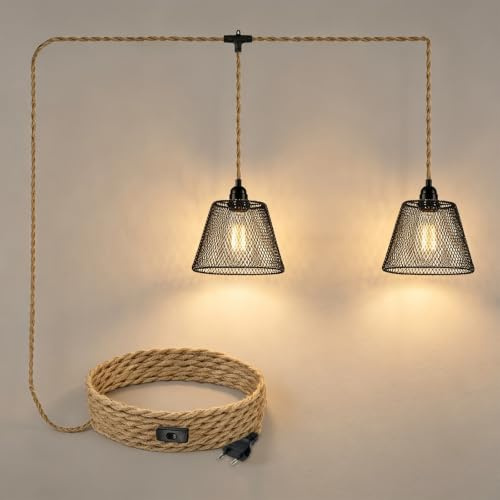 JZCDR Hanfseil Pendelleuchte 2 Flammig, Lampenschirm Hängelampe mit Stecker | Lampe mit Stecker 6 m Kabel Schwarz Metall Käfig Vintage Plug in Hängeleuchte Pendellampe Kit für Küche Wohnzimmer