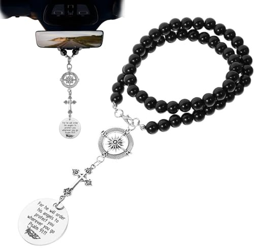 Auto Deko Innenraum für Innenspiegel, Glücksbringer Auto Anhänger für Spiegel, Kreuz Rückspiegel Anhänger, Autozubehör Innenraum Geeignet für Damen Herren (40 Cm Rosenkranz Kette) (schwarz 1)
