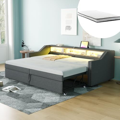 Generiskt utdragbar klädsel, bäddsoffa, 90/180 x 200 cm med 2 madrasser, förvaringsfack LED USB, ribbotten, mörkgrå
