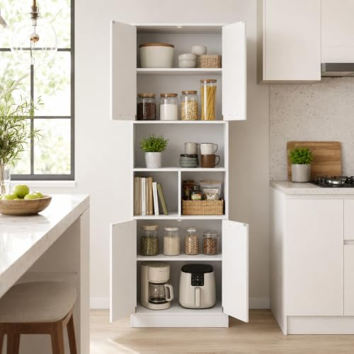 ZECIIYE Küchenschrank Hochschrank (60x40x180,5 cm), Mehrzweckschrank mit 4 Türen & & 3 Fächern,verstellbaren Einlegeböden, Vorratsschrank für Küche, Badezimmerschrank & Wohnzimmerschrank, Weiß matt