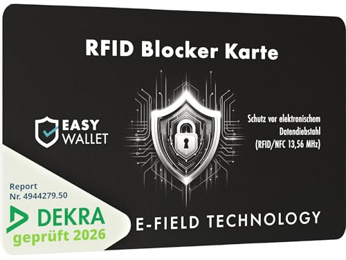 EasyWallet [NEU 2026] DEKRA-geprüfte NFC/RFID Blocker Karte | E-Field-Störsender-Technologie für sicheren Kartenschutz | Extra dünn (0,84 mm) – Perfekt für Jede Geldbörse (1x) - Optimaler Schutz