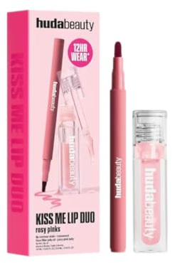Huda Beauty Kiss Me Lip Duo Rosy Pinks Set, Limitiertes Lippen-Duo mit Lipliner und Lippenöl, Rosa Töne, 12 Stunden Halt, Originalgröße