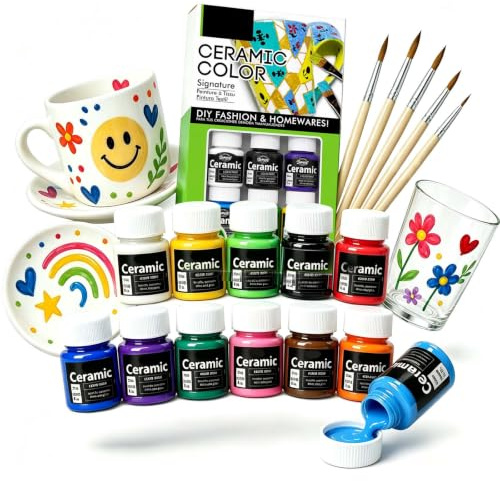 Qibivfo Porzellanfarbe Spülmaschinenfest, 12 x 25 ml Porzellanfarben Set, Keramikfarben Set mit 5 Pinsel, Glas- und Keramikfarbe für Künstler & Anfänger, ideal zum Bemalen von Tassen, Keramik & Glas