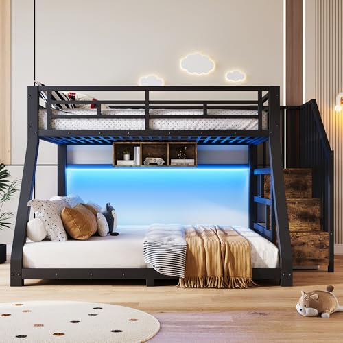 Trdlpyn Letto a Castello in metallo 90x200cm e 140x200cm, Letto a Soppalco Matrimoniale con Strisce LED, 3 Vani Portaoggetti, Scaletta con Spazio Contenitore, EN747, Senza Materasso