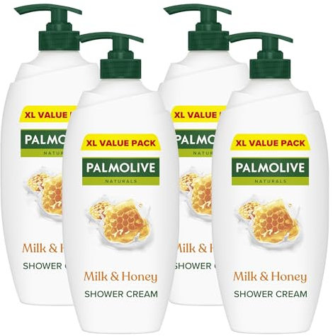 Palmolive Naturals Milk & Honey Shower Gel Cream 4x750ml, vitamin E body wash to nourish skin, leaves skin feeling soft, with plant-based almond milk, ingredients of 95% natural origin*