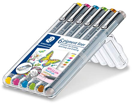 STAEDTLER Pigment Liner 308 Fineliner – 6 Farben, 0,3 mm | Dokumentenecht, wasserfest, lichtbeständig – zum Schreiben, Metallspitze – Art.-Nr. 30803S2SB6
