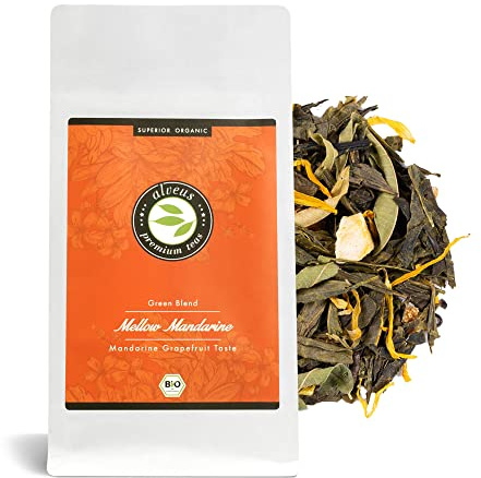 Mellow Mandarine Grüner Tee Lose BIO mit Mandarine Grapefruit Geschmack, 100 Gramm Aromatisierte Tee Mischung (ca. 40 Tasse) von alveus