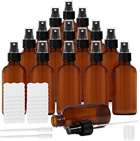 BELLE VOUS Pack de 16 Bote Spray Pulverizador Cristal Ámbar 120 ml Botella con Rociador, Etiquetas y Cuentagotas – Frascos Vacíos Rellenables Aceites Esenciales, Limpieza, Aromaterapia, Perfume