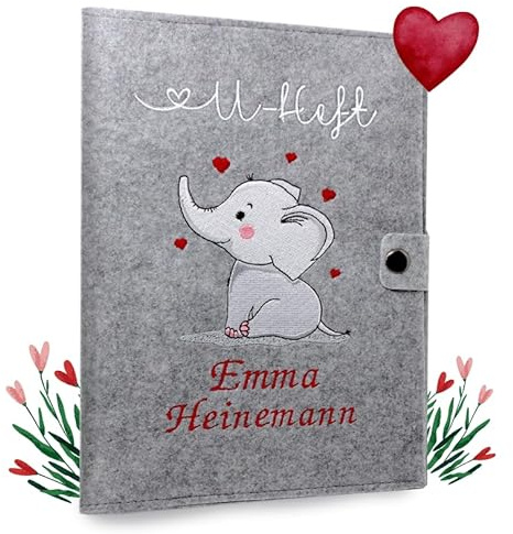 Cozy Racoon U-Heft- und Impfpasshülle aus Filz mit Personalisierung/mit Name | 3- teiliges Set | Hochwertige Hülle für Untersuchungsheft, Impfpass und Versichertenkarte Deines Kindes |Design Elefant