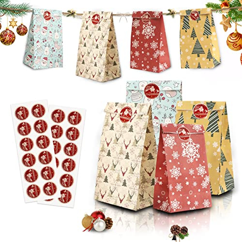 Mizijia Presentpåsar av kraftpapper till jul, 24 papperspåsar, julklappspåsar, gör-det-själv-papperspåsar, presentförpackning, barns födelsedag, bröllop, fest 12 x 8 x 22,5 cm