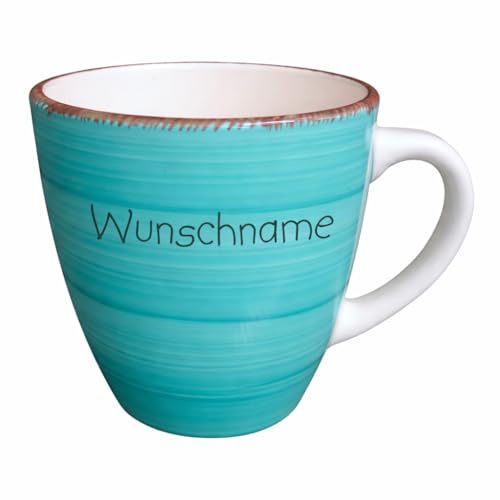 Doriantrade Kaffeebecher Tasse Kaffeetasse Kaffeepott Becher Keramik 350ml Bunt Türkis personalisierbar mit Wunschname Name Namen personalisiert
