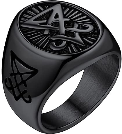 FaithHeart Punk Herren Siegelring von Luzifer Fingerring Schwarz Siegelring Jungen Partnerring Freundschaftsring für Valentinstag Weihnachten