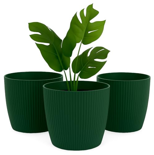 Home Garden Ornaments Blumentopf Set 3er – Kunststoff Übertopf, geriffeltes Design, modern & dekorativ, für Zimmerpflanzen (18 cm, Grün)
