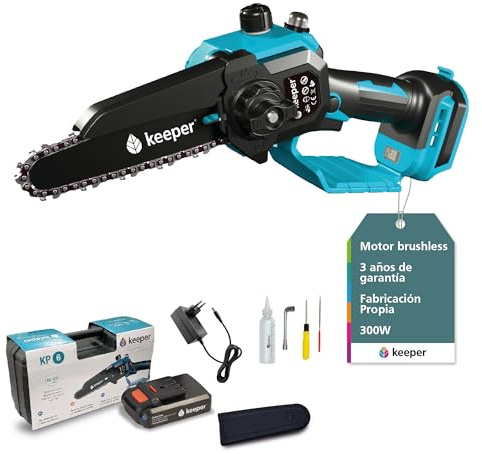 KEEPER Mini Motosierra Batería de Poda KP6. 18V, 6 pulgadas,300W. Recargable. Motosierra Eléctrica Bateria Inalámbrica. Corte de madera de Ø 80. Poda Arboles Frutales. Incluye Maletín y Batería