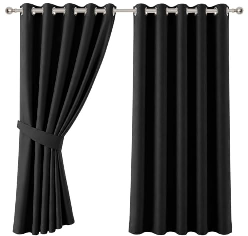 Aspire Homeware Verdunkelungsvorhänge für Schlafzimmer, mit Ösen, 167,6 x 229,6 cm, Fensterbehandlung, superweich, 1 Paar Thermo-Verdunkelungsvorhänge für Wohnzimmer, mit 2 Raffhaltern, Schwarz