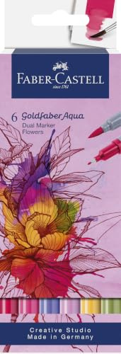 Faber-Castell - Goldfaber Aqua Dual Marker Blumen, 6 Farben | Wasservermalbare Dual Marker mit Pinselspitze und Fineliner für Aquarellmalerei und Lettering