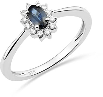MIORE Anello di fidanzamento a grappolo diamanti e zaffiro in oro bianco 9 carati 375 12 diamanti naturali di 0,07 carati e uno zaffiro blu naturale ovale di 0,32 carati