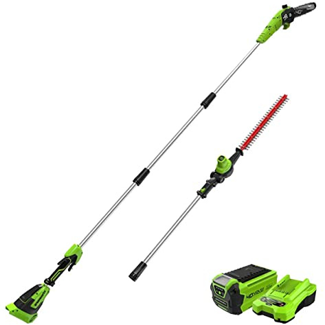 Greenworks 40V 10 Brushless Pole Saw + Pole Hedge Combo, 2.5Ah Battery and Charger Included