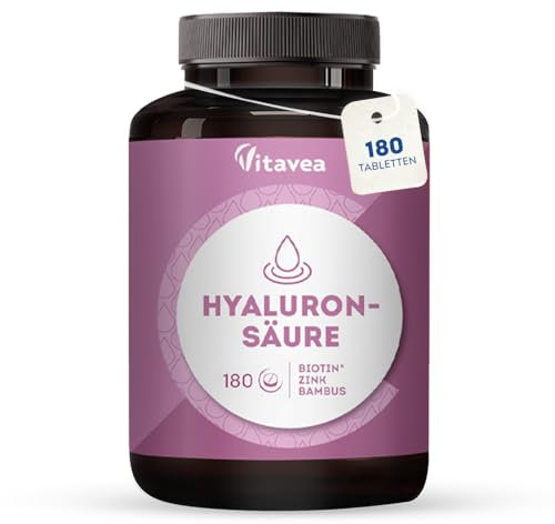 Vitavea Hyaluronsäure Kapseln - Hohe Dosierung, 400 mg - Angereichert mit Zink, Biotin, Bambus - Straffe und hydratisierte Haut - 6 Monate - Anti-Aging - 180 Tabletten - Vitavea