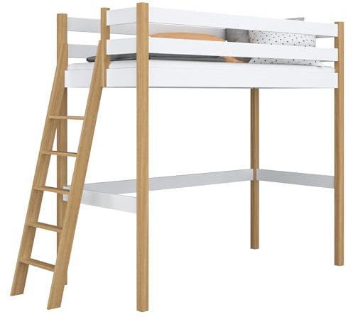 N-wood N02 Hochbett, Etagenbett 80x200 cm, aus Eichenholz, 2 Leitermontageseiten: Links oder rechts, sichere abgerundete Kanten, Stabile Massivholzkonstruktion, Hochwertige Materialien, Weißeiche