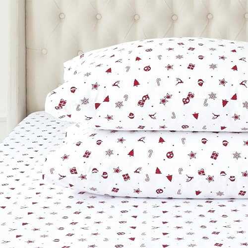 Elegant Comfort - Juego de sábanas ultrasuaves de Franela de 100% algodón Turco prémium, 4 Piezas, diseño navideño, cálidas y acogedoras, sábana Bajera Profunda, tamaño de Matrimonio, Estrellas Rojas