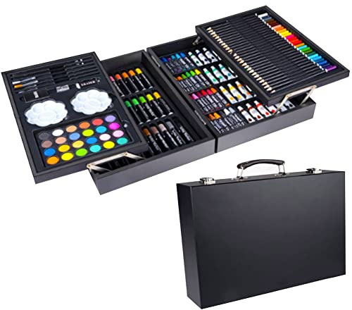BAKAJI Holzkoffer Malerset in verschiedenen Farben, Malstifte, Aquarell, Pinsel und Zubehör, professionelles künstlerisches Set für Künstler und Anfänger (145 Stück)